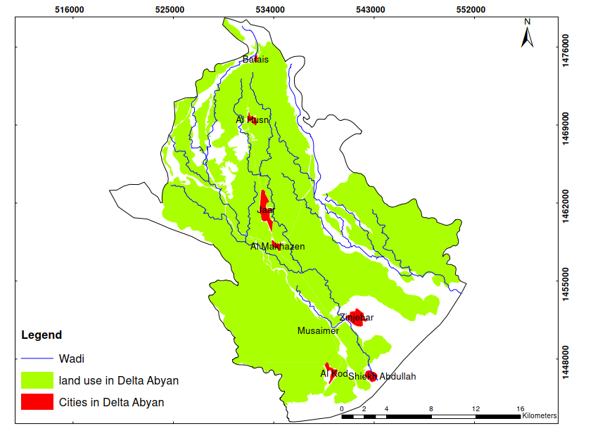  Illustrates the irrigated command areas and popula- tion centers of Wadi Bana in the Abyan Delta for the year 2013