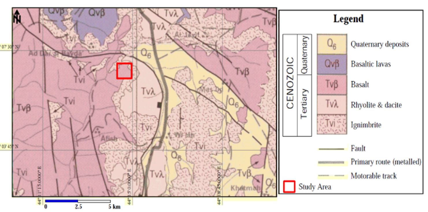 Geological map of the study area and its surroundings [20].