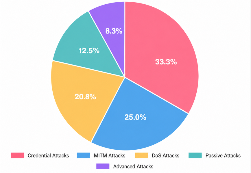Distribution of attack categories in the experimental dataset. Percentages are based on 240 controlled attack executions and should not be interpreted as a universal distribution of Wi-Fi attacks