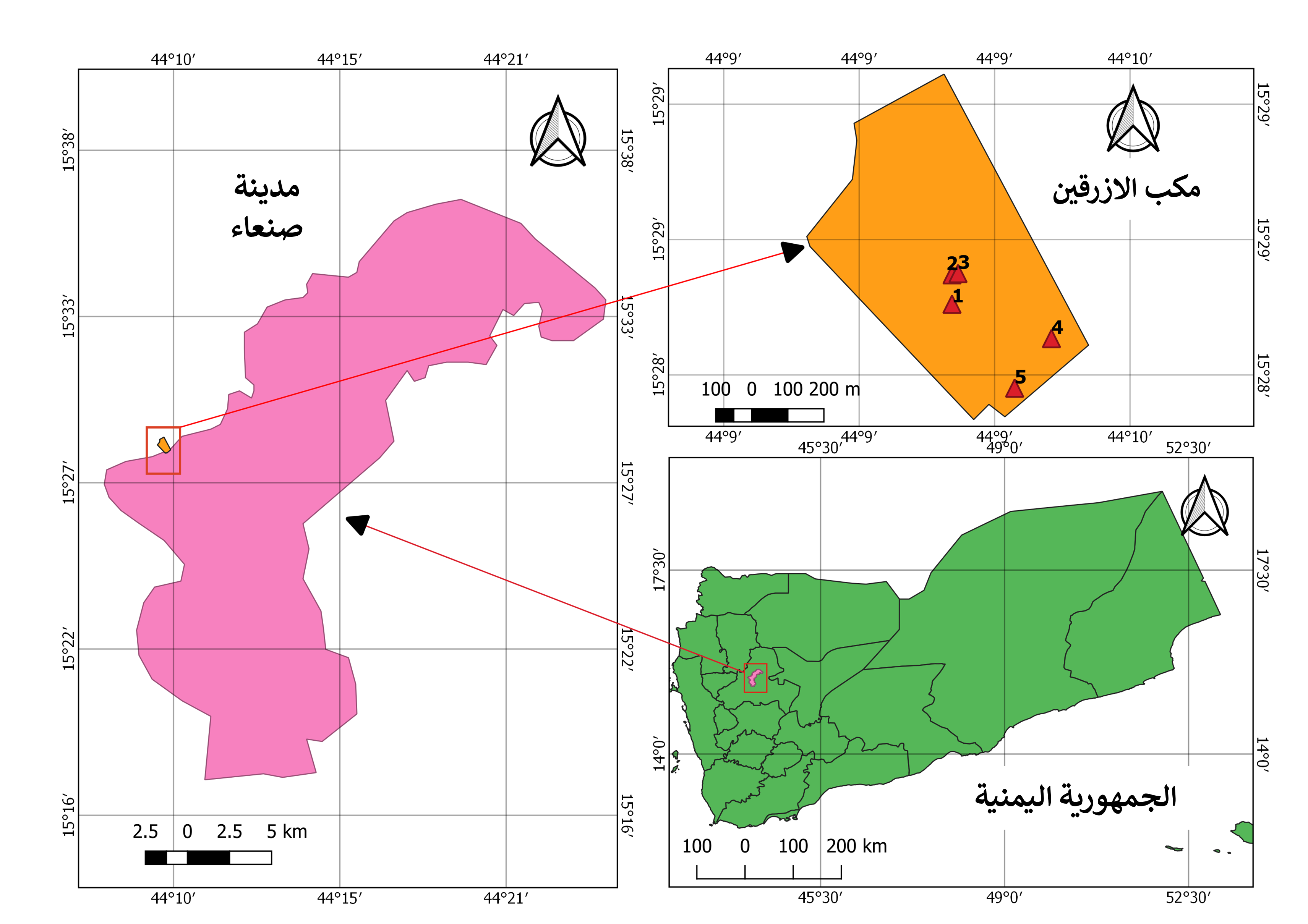 الشكل 1. منطقة الدراسة واماكن اخذ العينات من مكب نفايات الازرقين، صنعاء، اليمن